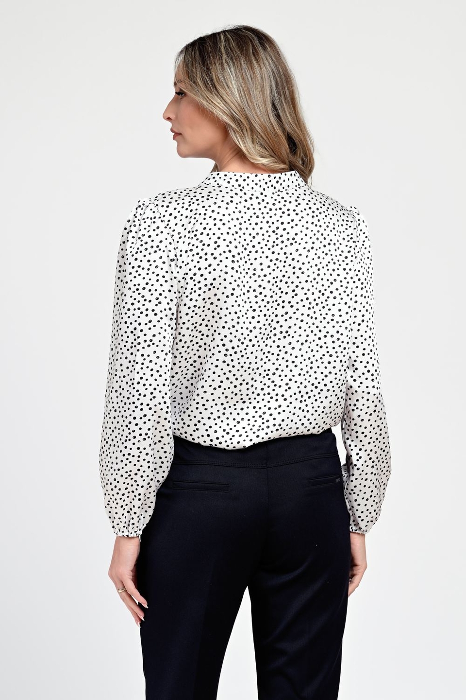 Bluza Dama din Satin, Alba cu puncte negre, Eleganta cu Funda V305 - 3 | YEO